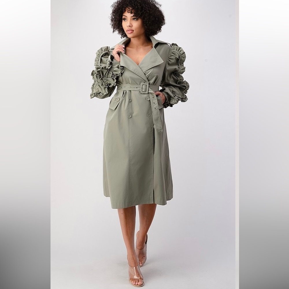 Divaology All In Details Coat Dress Ruffle Puff Sleeves Double Breasted Green